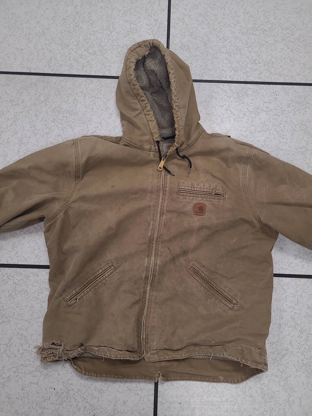 Carhartt Jacket J141-FRB  Sherpa Lined Sz XL Brown Tan Canvas Distressed Coat